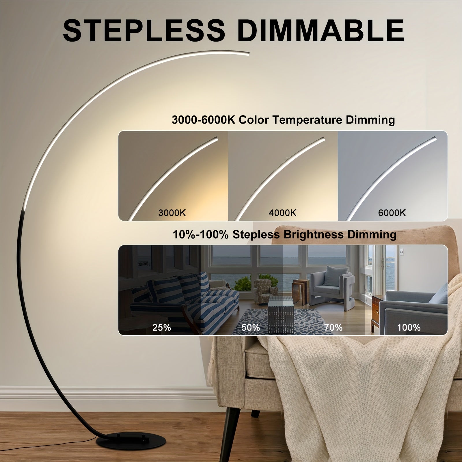 65" Modern Floor Lamp 65 Inch Modern Arched Floor Lamp | With Remote, 3 Color Temperatures Dimmable Black LED Color Changing Curved Ambient Lighting For Bedroom And Living Room